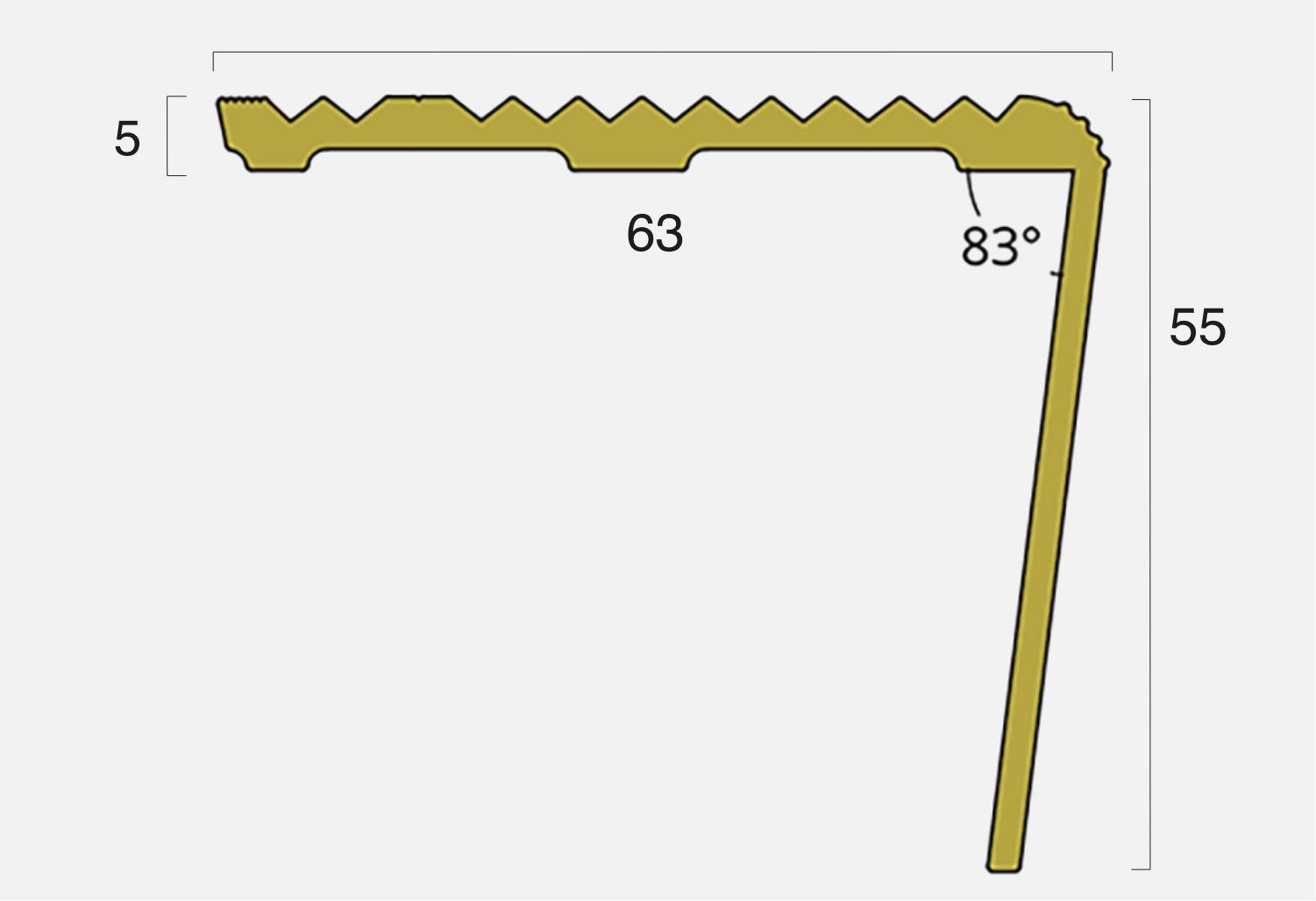 BT-M155R-S Brass 55mm Rake Back Ridged Stair Nosing